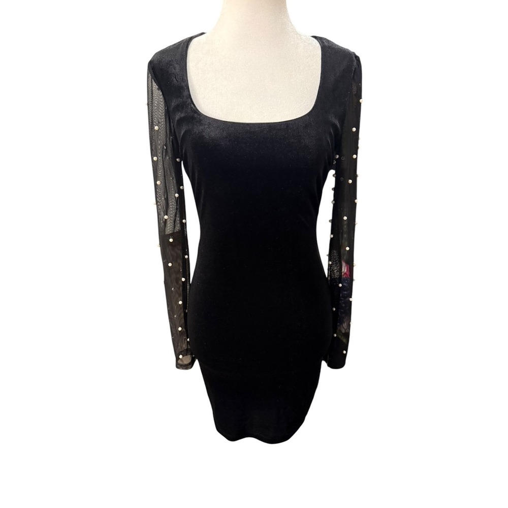 City Studio Womens Black Velvet Pearl Mesh Sleeve Bodycon Dress 1656-ZN4B Small